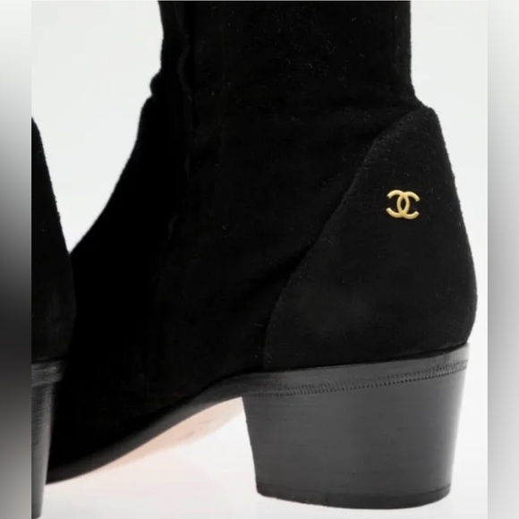 CHANEL BLACK LAMBSKIN SUEDE THIGH HIGH CC LOGO BOOTS SHOES 37 - Picture 3 of 9